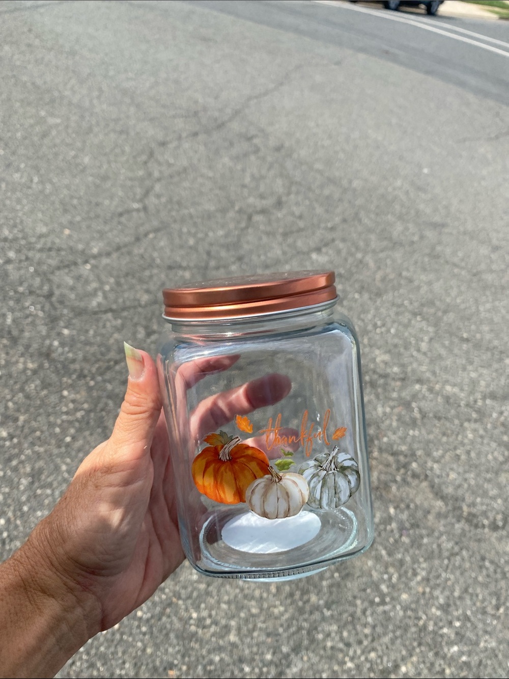 Thankful Pumpkin Glass Storage Jar with Copper Lid